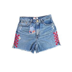 NWT Aviator Nation Hi Rise Skater Cutoff Side Red Check Denim Shorts Size 29